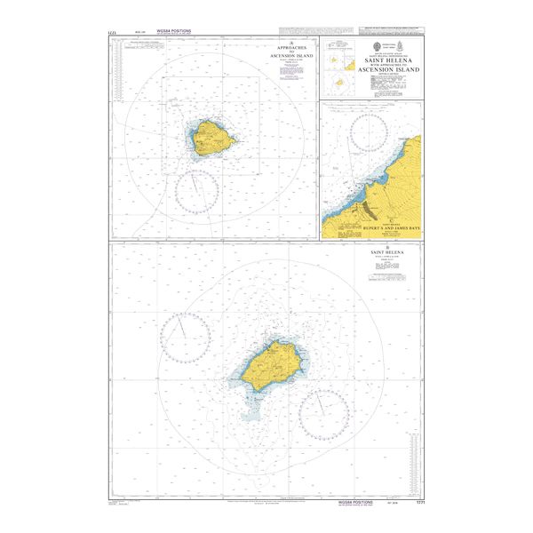 Product image of Admiralty Chart 1771 | Saint Helena with Approaches to Ascension Island, featuring navigational markings, depth soundings, and coastal features, essential for safe marine navigation. It could be displayed as an art piece or used for navigation on a boat or ship.