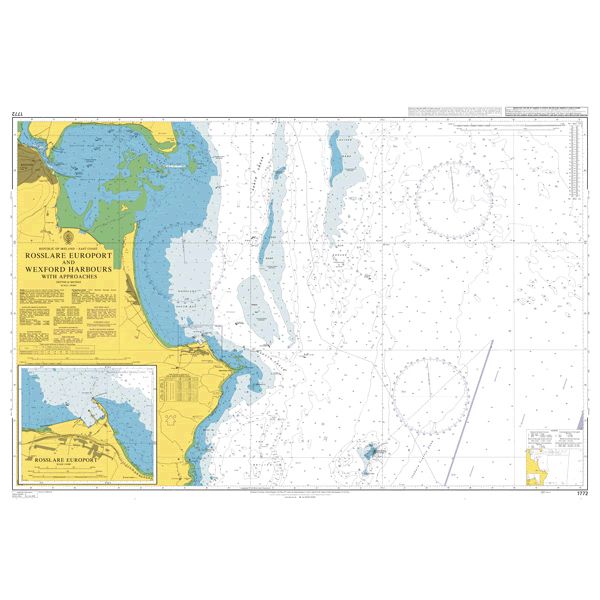 Product image of Admiralty Chart 1772 | Rosslare Europort and Wexford Harbours with Approaches, featuring navigational markings, depth soundings, and coastal features, essential for safe marine navigation. It could be displayed as an art piece or used for navigation on a boat or ship.