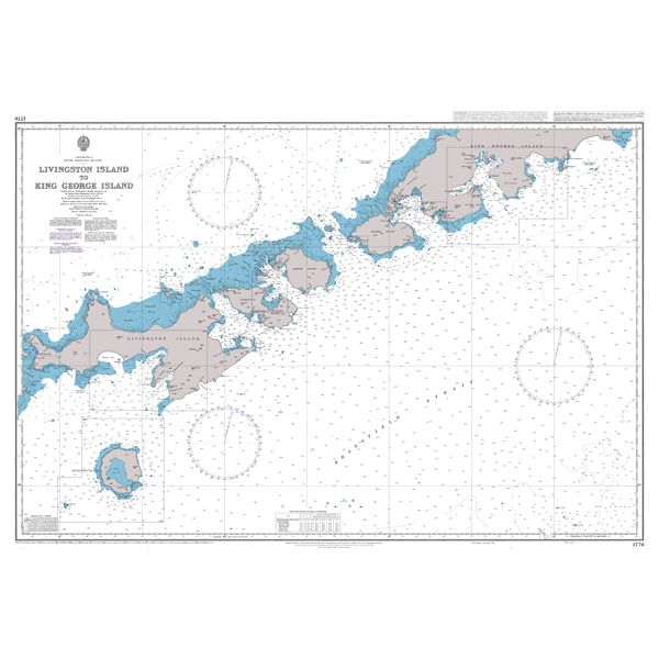Product image of Admiralty Chart 1776 | Livingston Island to King George Island, featuring navigational markings, depth soundings, and coastal features, essential for safe marine navigation. It could be displayed as an art piece or used for navigation on a boat or ship.