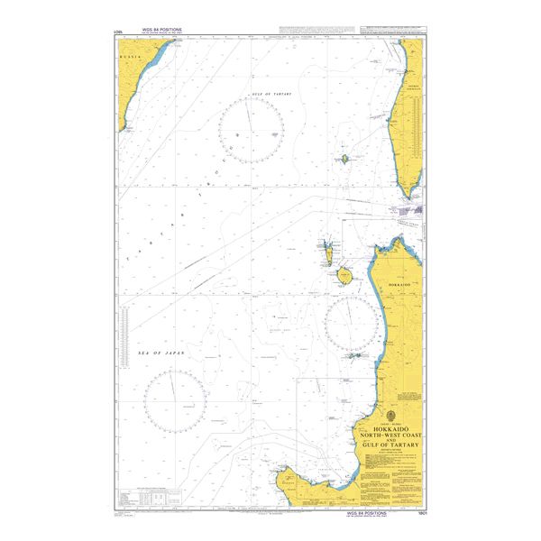 Product image of Admiralty Chart 1801 | Hokkaido North-West Coast and Gulf of Tartary, featuring navigational markings, depth soundings, and coastal features, essential for safe marine navigation. It could be displayed as an art piece or used for navigation on a boat or ship.