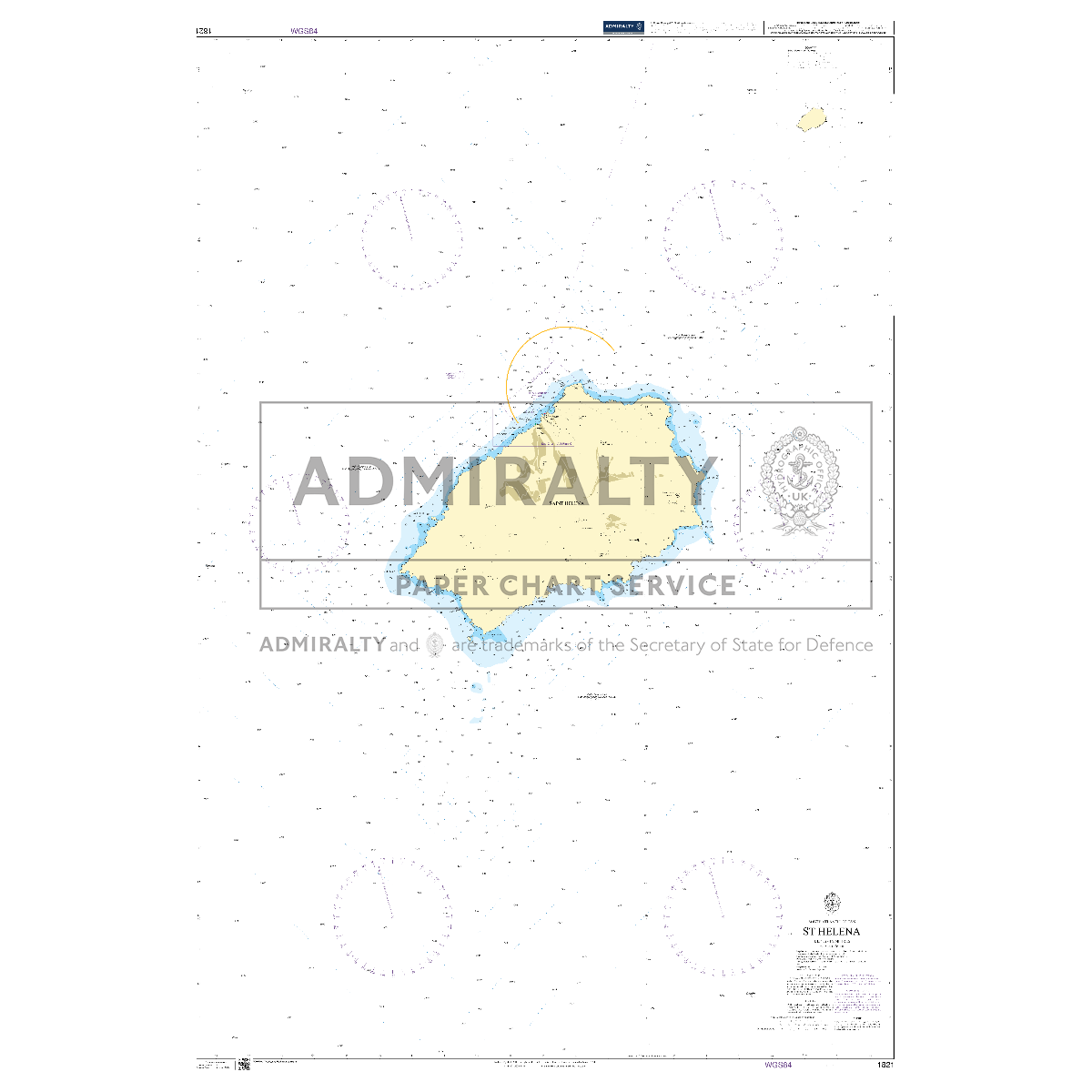 Product image of Admiralty Chart 1821 | St Helena, featuring navigational markings, depth soundings, and coastal features, essential for safe marine navigation. It could be displayed as an art piece or used for navigation on a boat or ship.