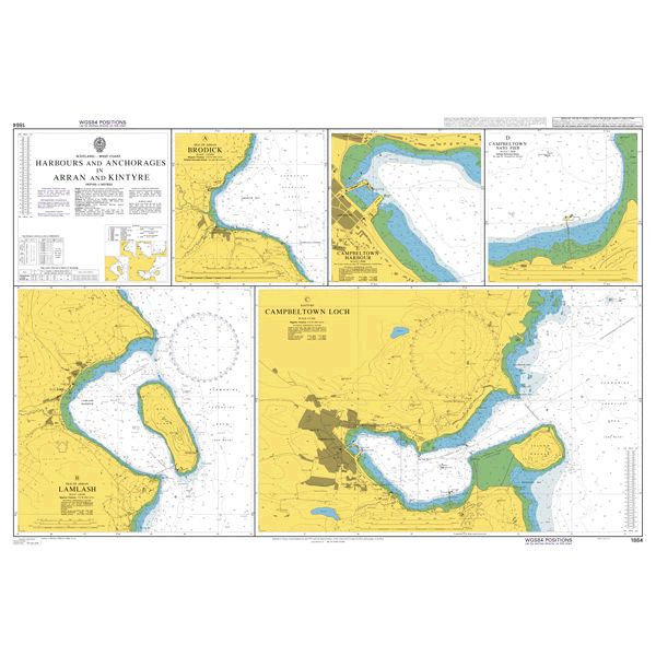 Product image of Admiralty Chart 1864 | Harbours and Anchorages in Arran and Kintyre, featuring navigational markings, depth soundings, and coastal features, essential for safe marine navigation. It could be displayed as an art piece or used for navigation on a boat or ship.