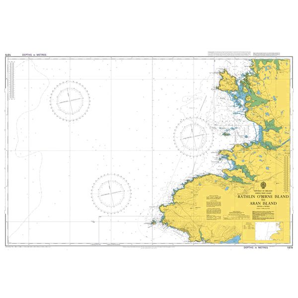 Product image of Admiralty Chart 1879 | Rathlin O'Birne Island to Aran Island, featuring navigational markings, depth soundings, and coastal features, essential for safe marine navigation. It could be displayed as an art piece or used for navigation on a boat or ship.