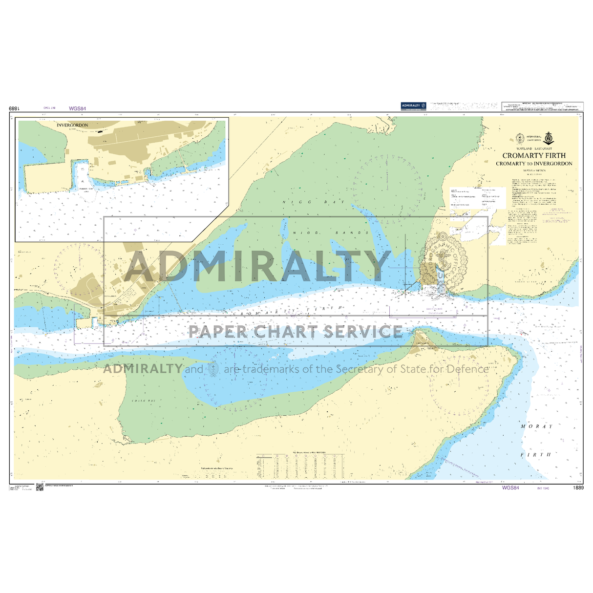 Product image of Admiralty Chart 1889 | Cromarty Firth Cromarty to Invergordon, featuring navigational markings, depth soundings, and coastal features, essential for safe marine navigation. It could be displayed as an art piece or used for navigation on a boat or ship.