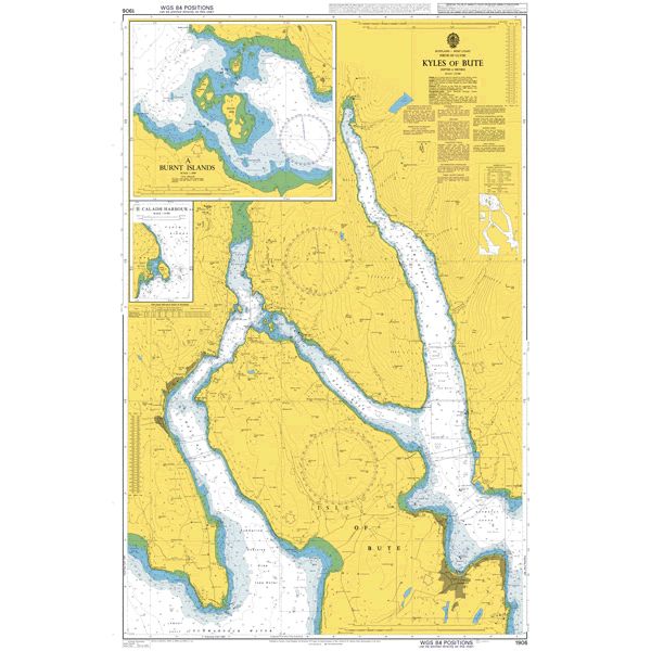 Product image of Admiralty Chart 1906 | Kyles of Bute, featuring navigational markings, depth soundings, and coastal features, essential for safe marine navigation. It could be displayed as an art piece or used for navigation on a boat or ship.