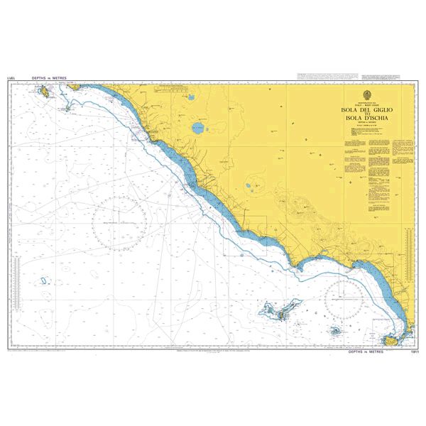 Product image of Admiralty Chart 1911 | Isola del Giglio to Isola d'Ischia, featuring navigational markings, depth soundings, and coastal features, essential for safe marine navigation. It could be displayed as an art piece or used for navigation on a boat or ship.