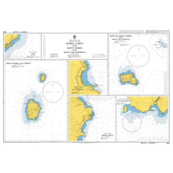 Product image of Admiralty Chart 1959 | Flores, Corvo and Santa Maria with Banco Das Formigas, featuring navigational markings, depth soundings, and coastal features, essential for safe marine navigation. It could be displayed as an art piece or used for navigation on a boat or ship.