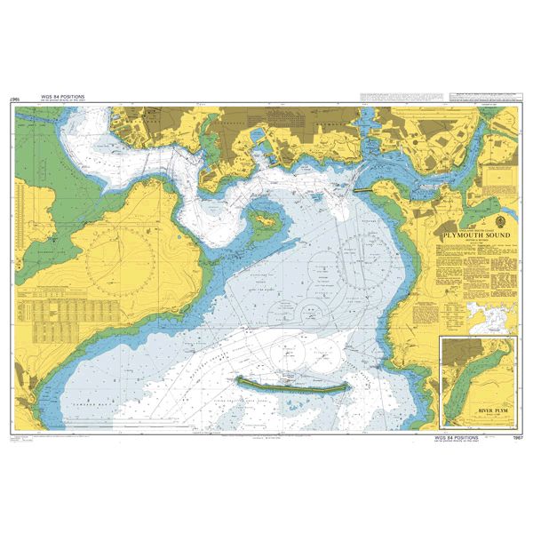 Product image of Admiralty Chart 1967 | Plymouth Sound, featuring navigational markings, depth soundings, and coastal features, essential for safe marine navigation. It could be displayed as an art piece or used for navigation on a boat or ship.