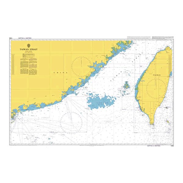 Product image of Admiralty Chart 1968 | Taiwan Strait, featuring navigational markings, depth soundings, and coastal features, essential for safe marine navigation. It could be displayed as an art piece or used for navigation on a boat or ship.