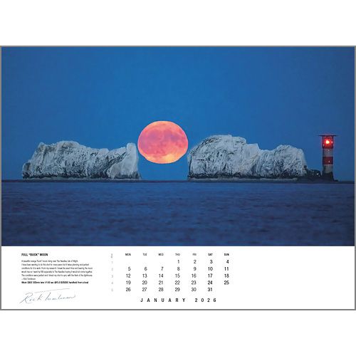 A large pink full moon rises between two sea stacks and a red-striped lighthouse, illuminating the calm ocean for the Rick Tomlinson Portfolio Calendar 2026 by Rick Tomlinson Photography, January.