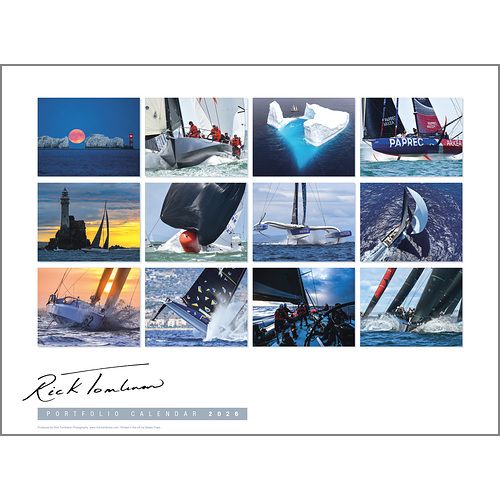 The Rick Tomlinson Portfolio Calendar 2026 by Rick Tomlinson Photography features 12 striking sailing images—yachts racing through icebergs, sunsets, rough seas, crew action, and a distant lighthouse—with the calendar name below.