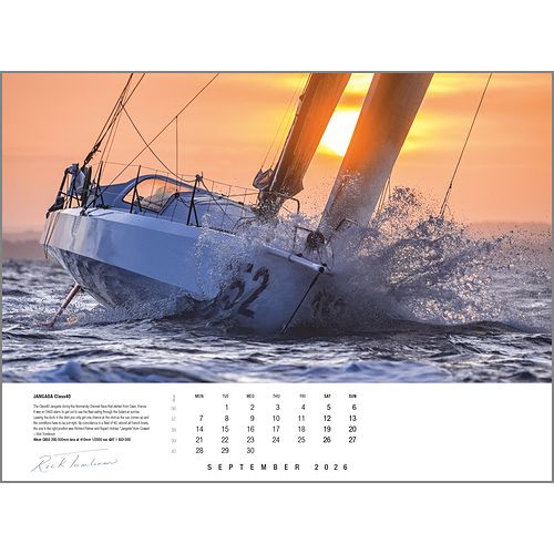 A sailboat races through sunset waves in this striking sailing photo featured for September in the Rick Tomlinson Portfolio Calendar 2026 by Rick Tomlinson Photography.