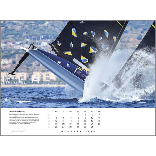 A sailboat speeds through choppy blue water with splashing waves on the Rick Tomlinson Portfolio Calendar 2026 by Rick Tomlinson Photography, featuring October’s dates and text visible at the bottom.