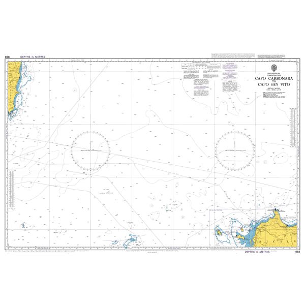 Product image of Admiralty Chart 1983 | Capo Carbonara to Capo San Vito, featuring navigational markings, depth soundings, and coastal features, essential for safe marine navigation. It could be displayed as an art piece or used for navigation on a boat or ship.