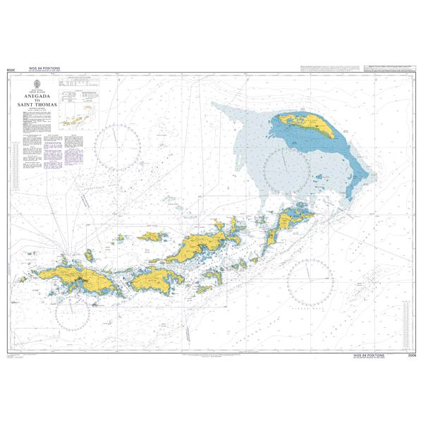 Product image of Admiralty Chart 2006 | Anegada to Saint Thomas, featuring navigational markings, depth soundings, and coastal features, essential for safe marine navigation. It could be displayed as an art piece or used for navigation on a boat or ship.