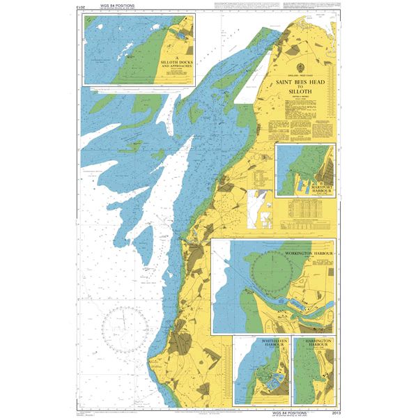 Product image of Admiralty Chart 2013 | Saint Bees Head to Silloth, featuring navigational markings, depth soundings, and coastal features, essential for safe marine navigation. It could be displayed as an art piece or used for navigation on a boat or ship.