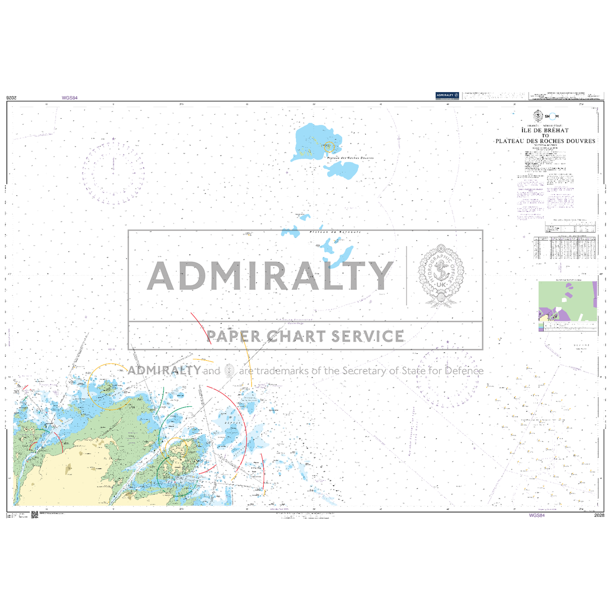 Product image of Admiralty Chart 2028 | Ile de Brehat to Plateau des Roches Douvres, featuring navigational markings, depth soundings, and coastal features, essential for safe marine navigation. It could be displayed as an art piece or used for navigation on a boat or ship.