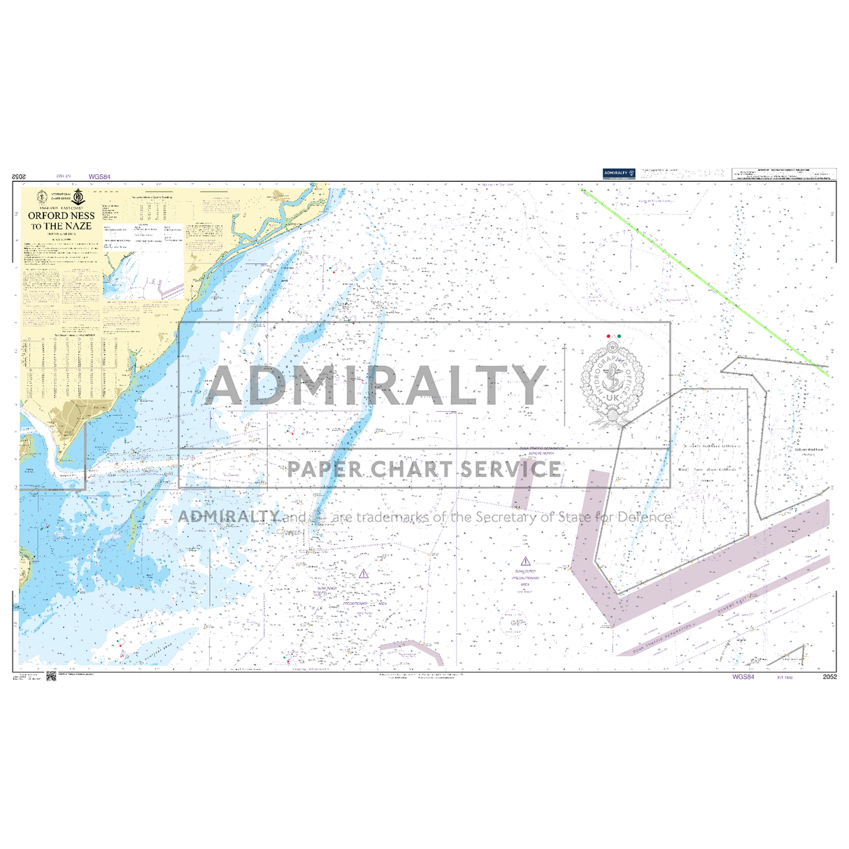 Product image of Admiralty Chart 2052 | Orford Ness to The Naze, featuring navigational markings, depth soundings, and coastal features, essential for safe marine navigation. It could be displayed as an art piece or used for navigation on a boat or ship.