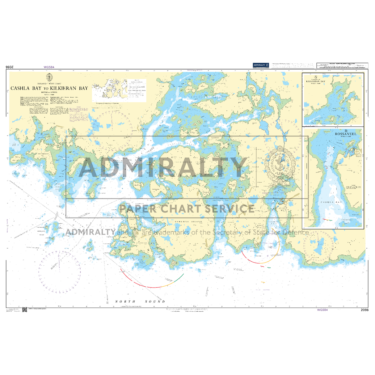 Product image of Admiralty Chart 2096 | Cashla Bay to Kilkieran Bay, featuring navigational markings, depth soundings, and coastal features, essential for safe marine navigation. It could be displayed as an art piece or used for navigation on a boat or ship.