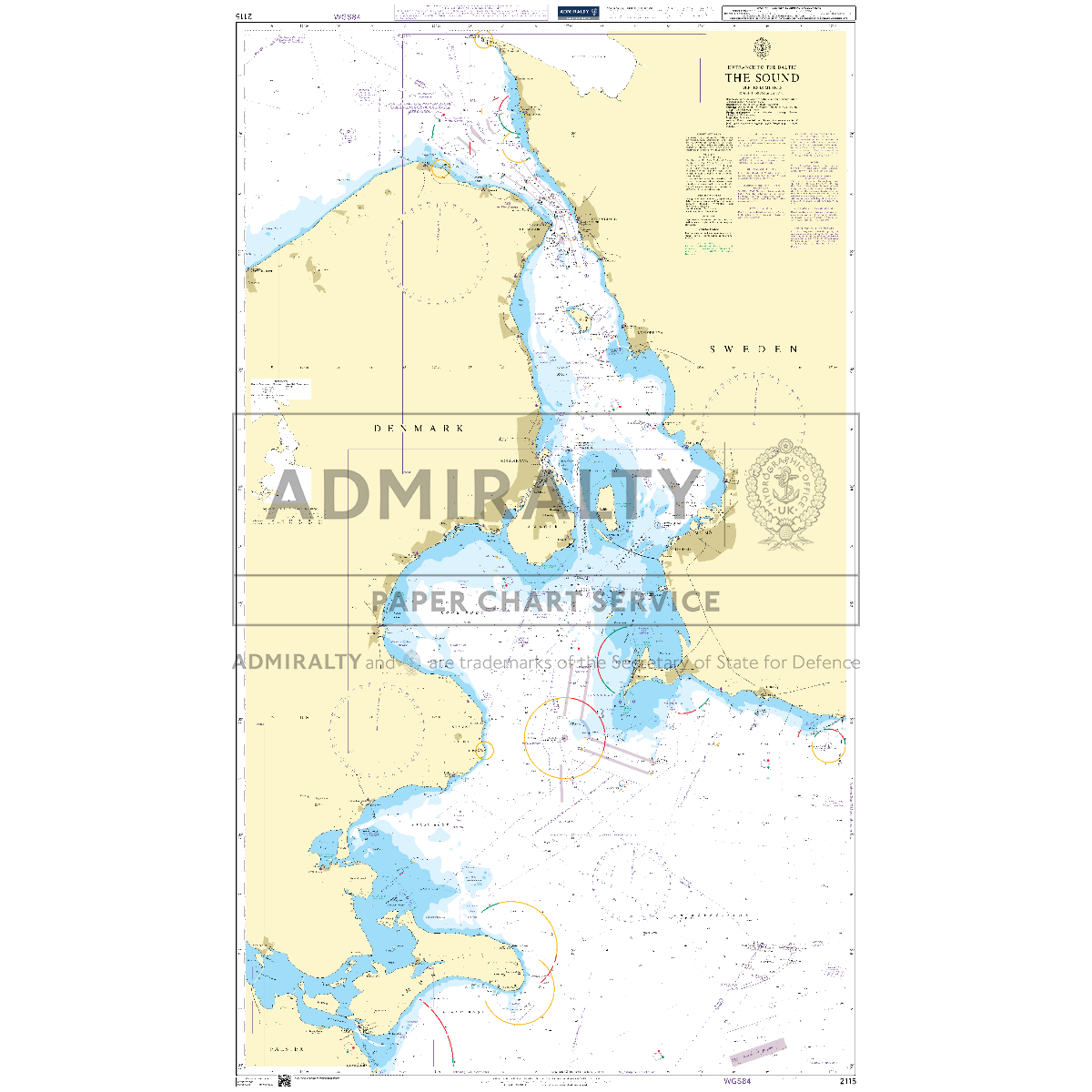 Product image of Admiralty Chart 2115 | The Sound, featuring navigational markings, depth soundings, and coastal features, essential for safe marine navigation. It could be displayed as an art piece or used for navigation on a boat or ship.
