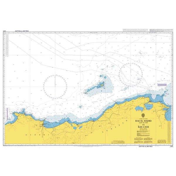 Product image of Admiralty Chart 2121 | Cap de Fer (Ras el Hadid) to Iles Cani, featuring navigational markings, depth soundings, and coastal features, essential for safe marine navigation. It could be displayed as an art piece or used for navigation on a boat or ship.