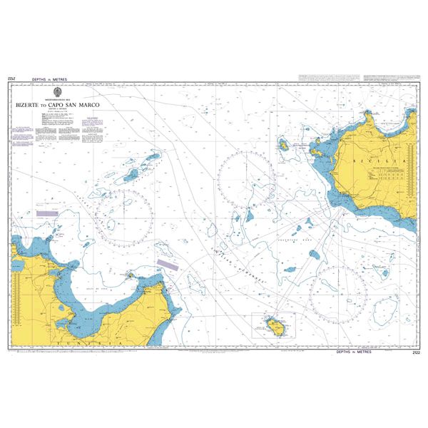 Product image of Admiralty Chart 2122 | Bizerte to Capo San Marco, featuring navigational markings, depth soundings, and coastal features, essential for safe marine navigation. It could be displayed as an art piece or used for navigation on a boat or ship.