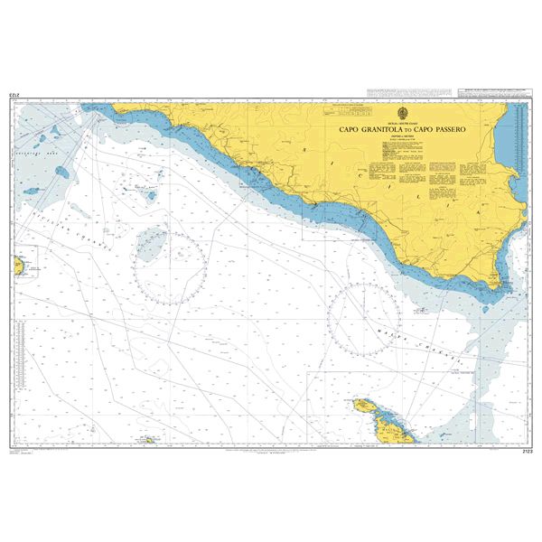 Product image of Admiralty Chart 2123 | Capo Granitola to Capo Passero, featuring navigational markings, depth soundings, and coastal features, essential for safe marine navigation. It could be displayed as an art piece or used for navigation on a boat or ship.