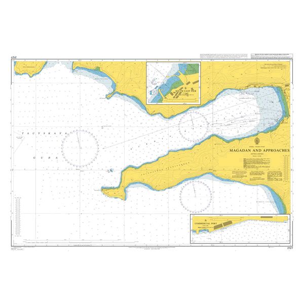Product image of Admiralty Chart 2127 | Magadan and Approaches, featuring navigational markings, depth soundings, and coastal features, essential for safe marine navigation. It could be displayed as an art piece or used for navigation on a boat or ship.