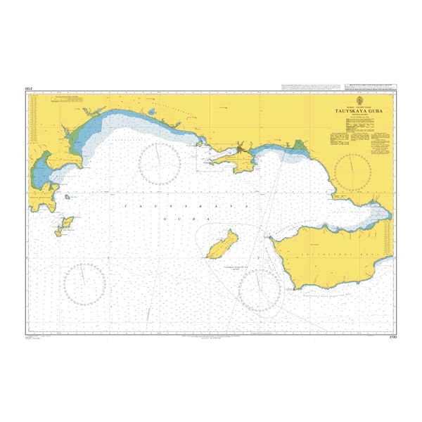 Product image of Admiralty Chart 2130 | Tauyskaya Guba, featuring navigational markings, depth soundings, and coastal features, essential for safe marine navigation. It could be displayed as an art piece or used for navigation on a boat or ship.
