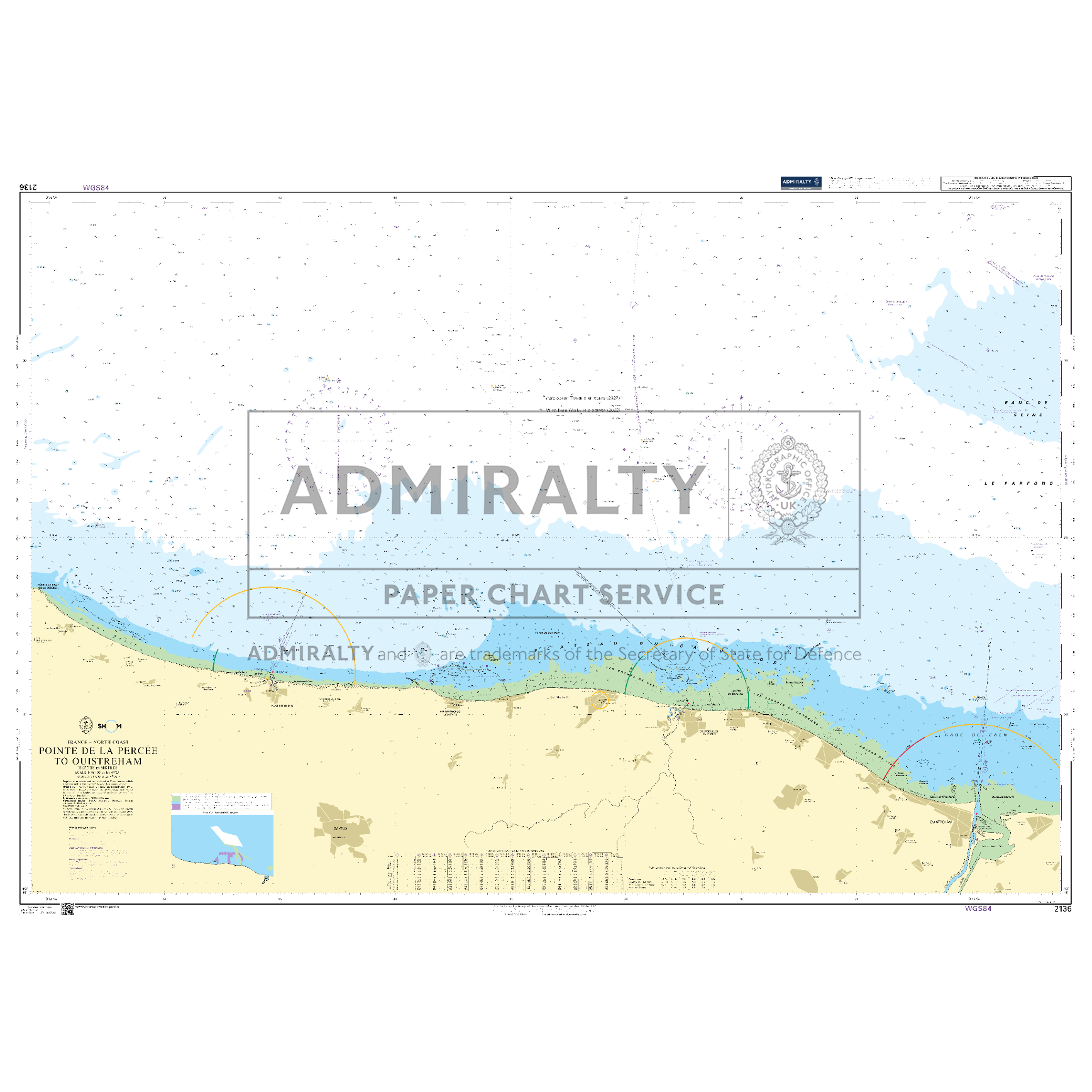 Product image of Admiralty Chart 2136 | Pointe de la Percee to Ouistreham, featuring navigational markings, depth soundings, and coastal features, essential for safe marine navigation. It could be displayed as an art piece or used for navigation on a boat or ship.