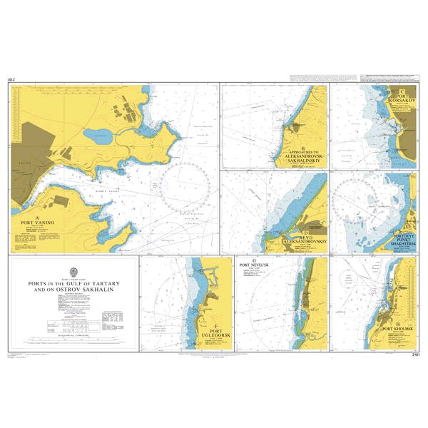 Product image of Admiralty Chart 2161 | Ports in the Gulf of Tartary and on Ostrov Sakhalin, featuring navigational markings, depth soundings, and coastal features, essential for safe marine navigation. It could be displayed as an art piece or used for navigation on a boat or ship.
