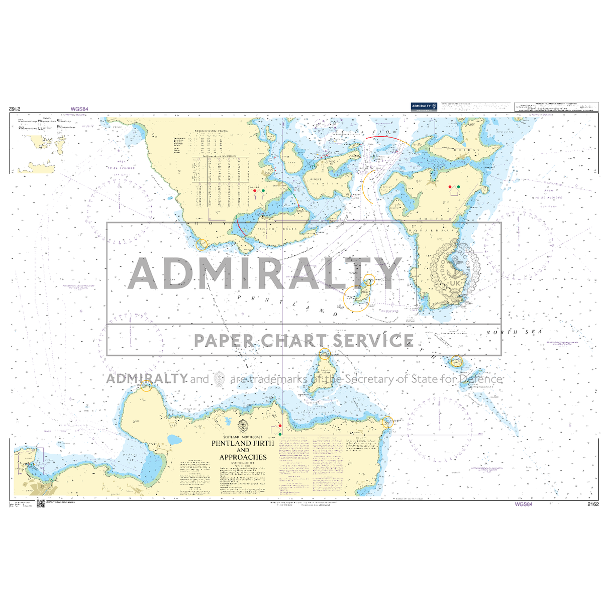 Product image of Admiralty Chart 2162 | Pentland Firth and Approaches, featuring navigational markings, depth soundings, and coastal features, essential for safe marine navigation. It could be displayed as an art piece or used for navigation on a boat or ship.
