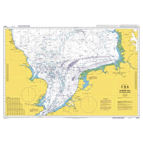 Admiralty Chart 2182A: North Sea Southern Sheet by Admiralty details depths, navigation routes, and symbols. Land is yellow; water is white/blue, meeting SOLAS safety standards for navigation.
