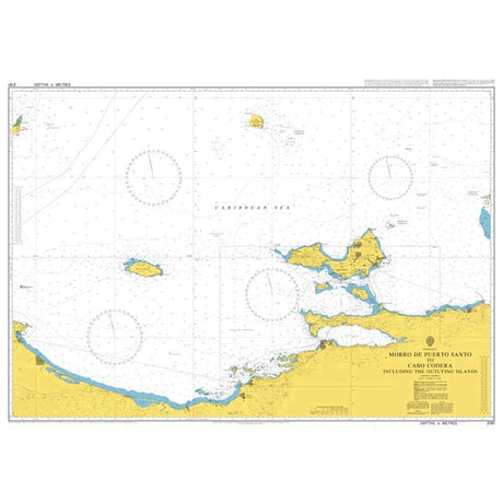 Product image of Admiralty Chart 2191 | Morro de Puerto Santo to Cabo Codera including the Outlying Islands, featuring navigational markings, depth soundings, and coastal features, essential for safe marine navigation. It could be displayed as an art piece or used for navigation on a boat or ship.