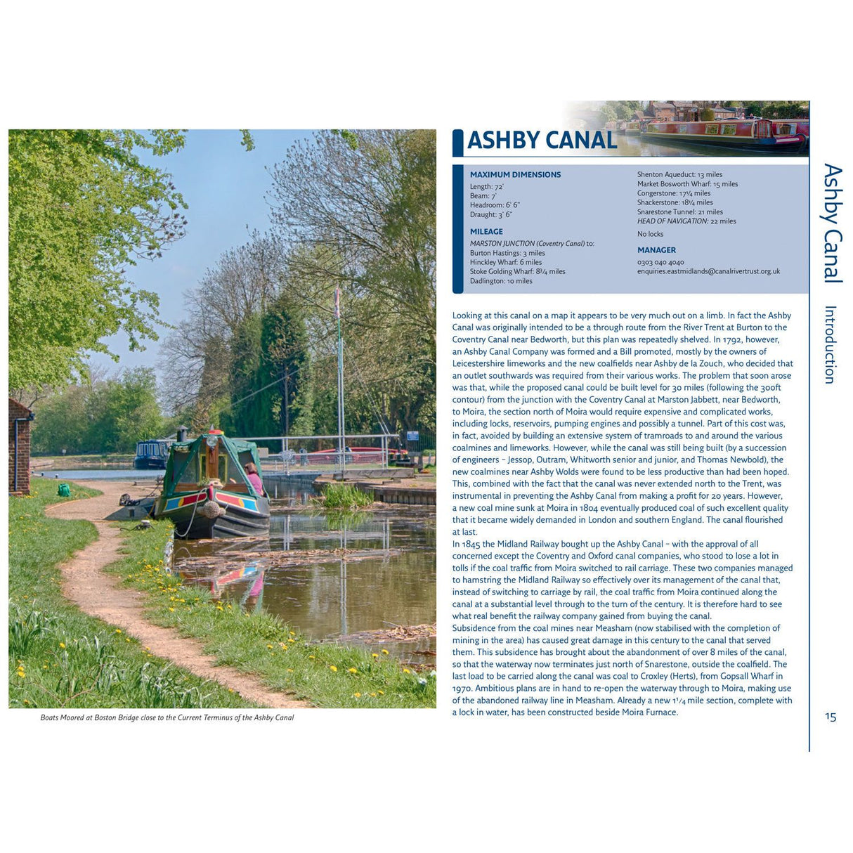 A canal scene shows a narrowboat by a grassy bank, framed by trees. A path parallels the waterway. Inspired by "Nicholson Waterways Guide 3: Birmingham and the Heart of England," text on the right explores the Ashby Canal's history, dimensions, and more, detailed with specifications above.