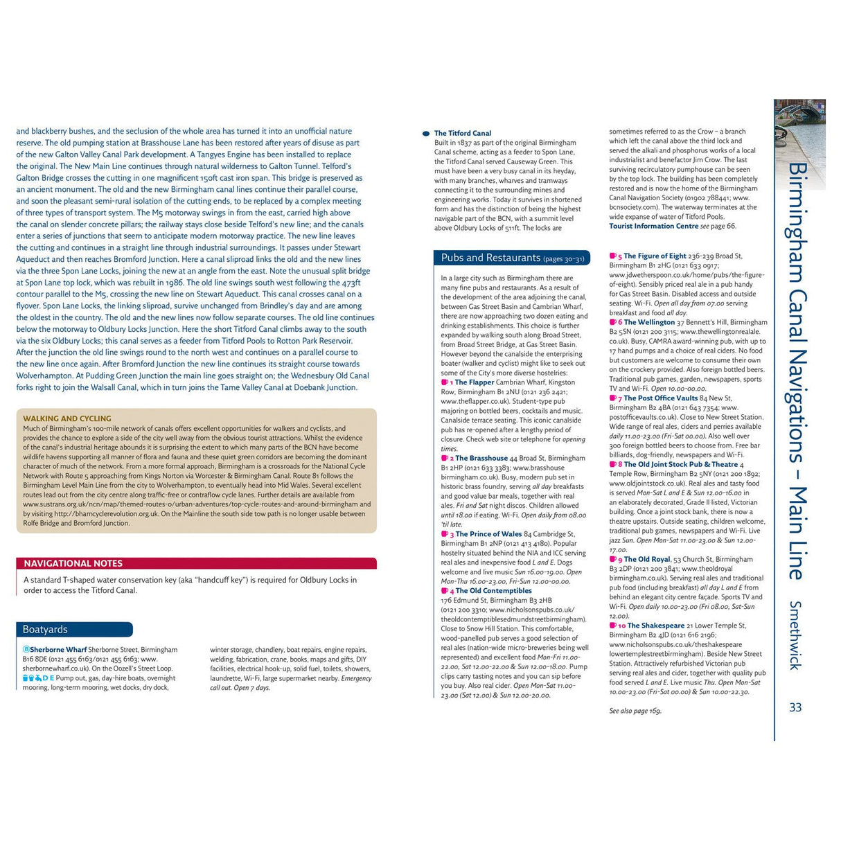Explore Birmingham Canal Navigations - Main Line in Nicholson Waterways Guide 3: Birmingham and the Heart of England by Nicholson, featuring detailed pages on pubs, restaurants, walking routes, navigational notes, history, vibrant images, and colorful sections showcasing the inland waterways' charm.