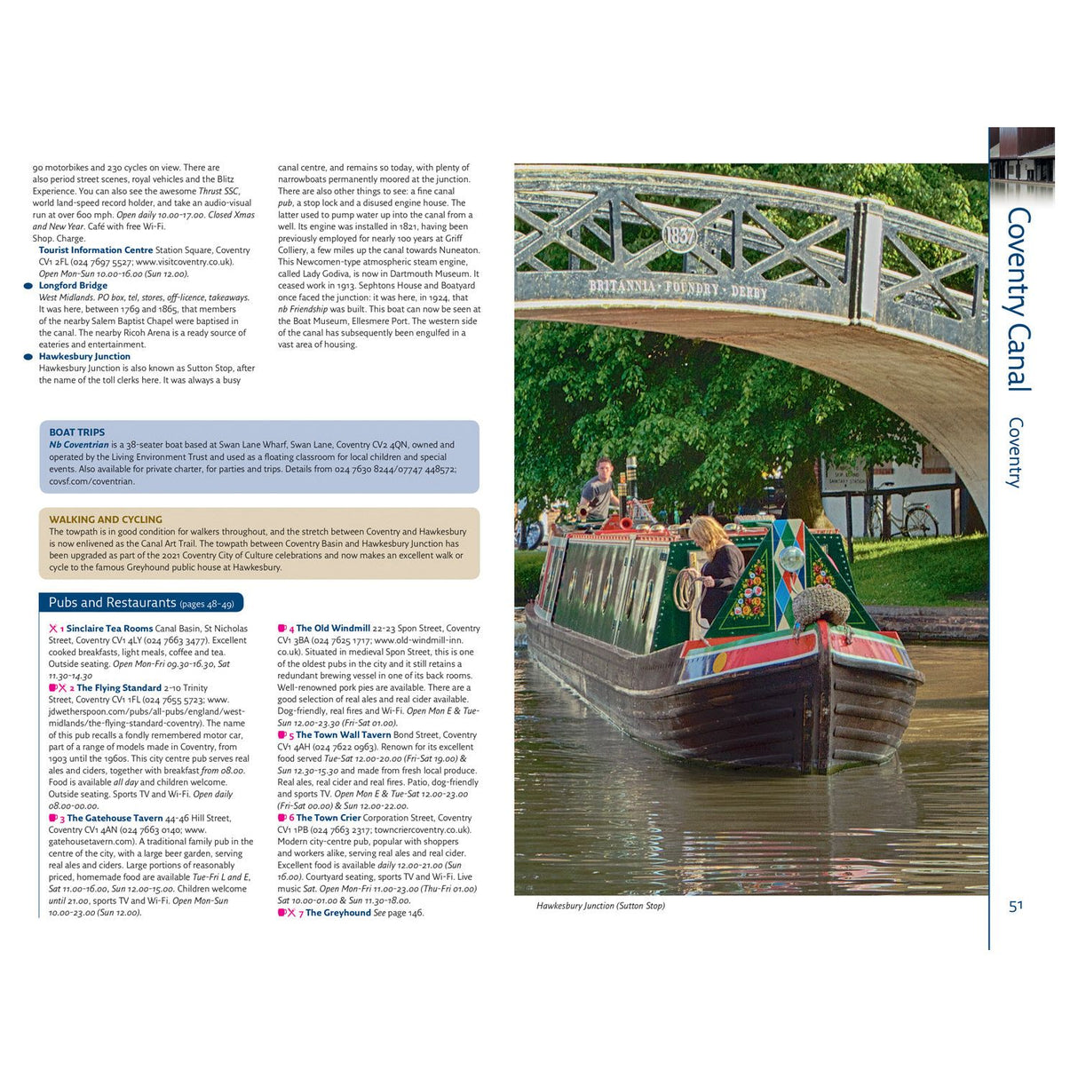 A canal boat glides under historic Freeth Bridge along the scenic Coventry Canal, framed by lush green banks. Passengers enjoy views as nearby text from Collins includes details from the Nicholson Waterways Guide 3: Birmingham and the Heart of England on attractions and dining.