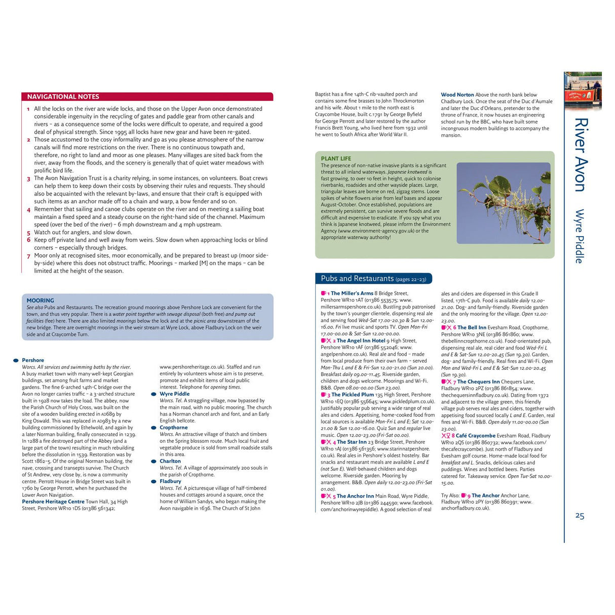 Discover the "River Avon Wiltshire" guide in the Nicholson Waterways Guide 2: Severn, Avon and Birmingham by Nicholson. It provides navigational insights, mooring details, plant life information, and local dining suggestions. Find a water plant image and a convenient map at the bottom right.