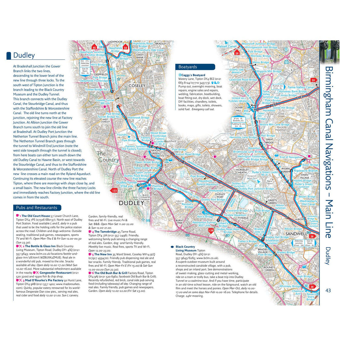 Discover the Birmingham Canal Navigations Main Line through Dudley with the Nicholson Waterways Guide 2: Severn, Avon and Birmingham. This map features inland waterways, roads, public transport links, pubs, restaurants, and numbered text descriptions for an enhanced journey.