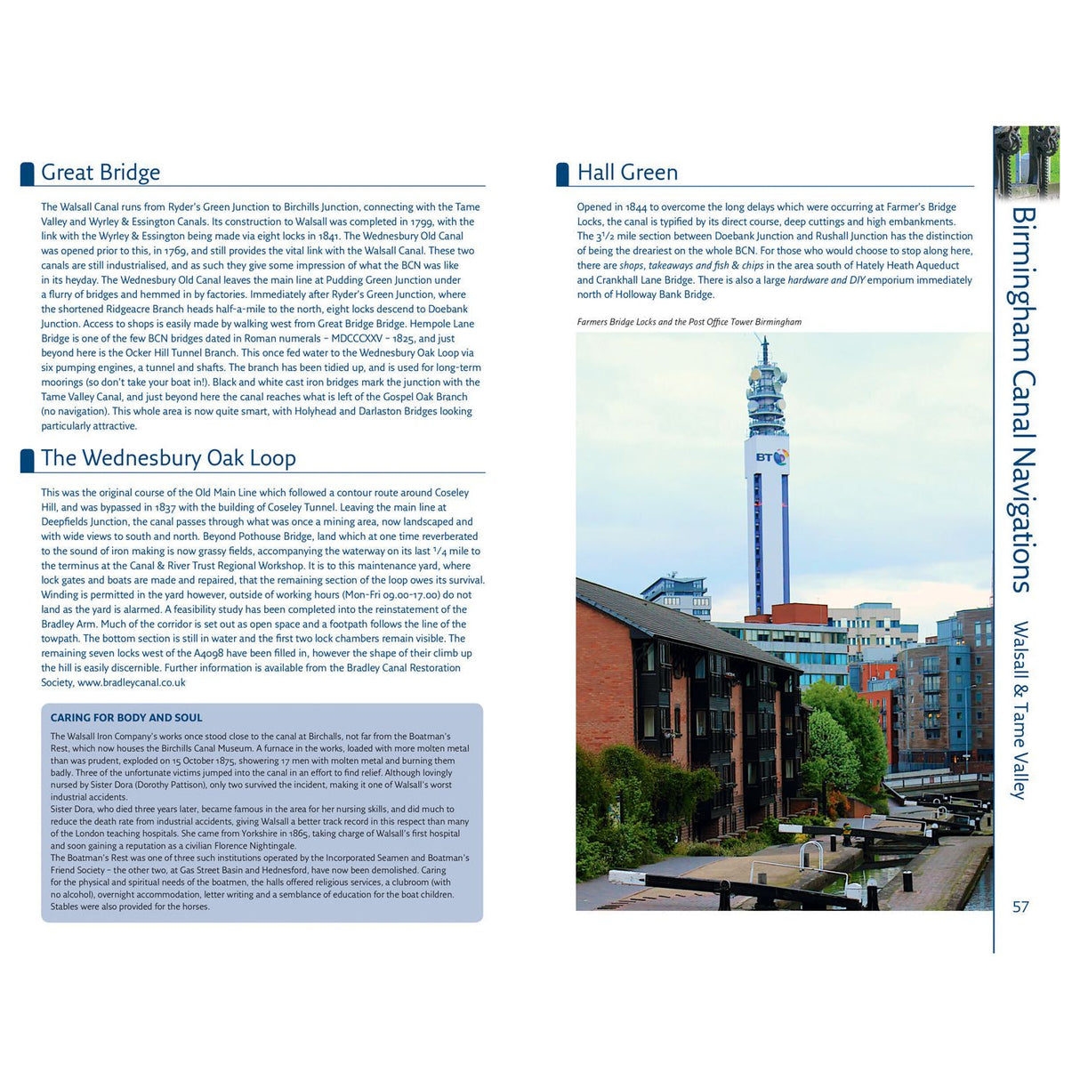 A brochure page featuring the Great Bridge and Wednesday Oak Loop includes a canal image from Birmingham Canal Navigations with the BT Tower and various structures, inspired by the Nicholson Waterways Guide 2: Severn, Avon and Birmingham by Nicholson.
