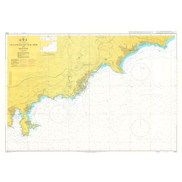 Product image of Admiralty Chart 2245 | Villefranche-sur-Mer to Menton, featuring navigational markings, depth soundings, and coastal features, essential for safe marine navigation. It could be displayed as an art piece or used for navigation on a boat or ship.