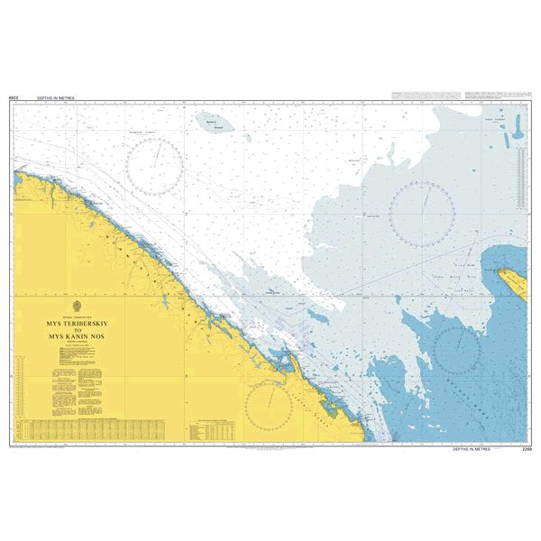 Product image of Admiralty Chart 2269 | Mys Teriberskiy to Mys Kanin Nos, featuring navigational markings, depth soundings, and coastal features, essential for safe marine navigation. It could be displayed as an art piece or used for navigation on a boat or ship.