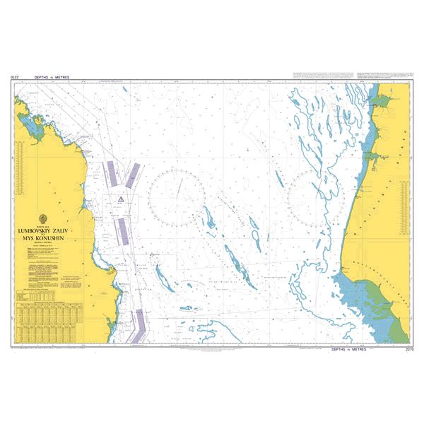 Product image of Admiralty Chart 2270 | Lumbovskiy Zaliv to Mys Konushin, featuring navigational markings, depth soundings, and coastal features, essential for safe marine navigation. It could be displayed as an art piece or used for navigation on a boat or ship.