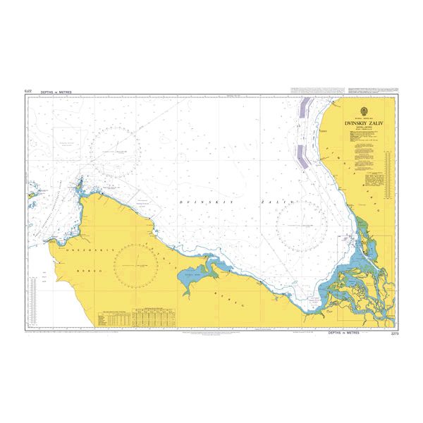 Product image of Admiralty Chart 2273 | Dvinskiy Zaliv, featuring navigational markings, depth soundings, and coastal features, essential for safe marine navigation. It could be displayed as an art piece or used for navigation on a boat or ship.