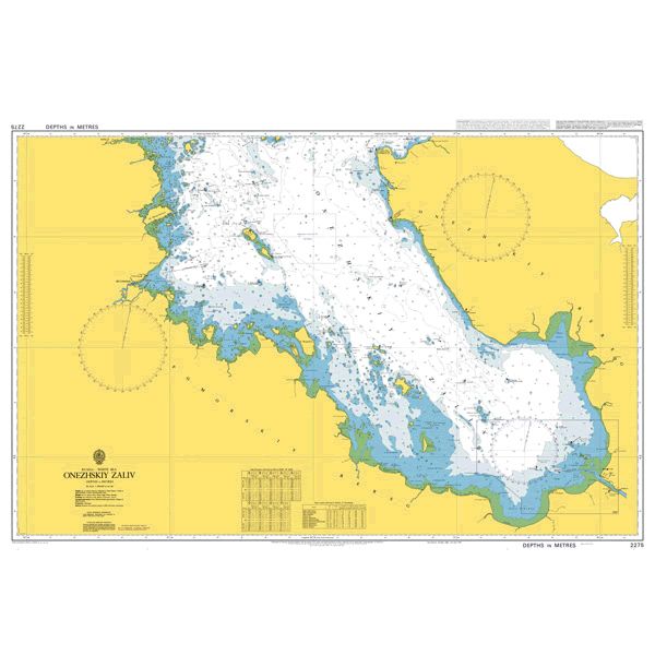 Product image of Admiralty Chart 2275 | Onezhskiy Zaliv, featuring navigational markings, depth soundings, and coastal features, essential for safe marine navigation. It could be displayed as an art piece or used for navigation on a boat or ship.