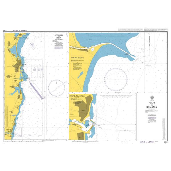 Product image of Admiralty Chart 2282 | Plans in Romania, featuring navigational markings, depth soundings, and coastal features, essential for safe marine navigation. It could be displayed as an art piece or used for navigation on a boat or ship.