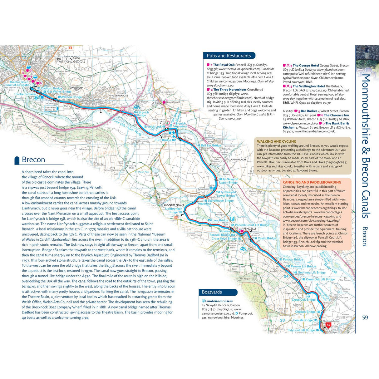 The "Nicholson Waterways Guide 4: Four Counties and the Welsh Canals" by Nicholson features a map of Monmouthshire & Brecon Canals, highlighting boating routes, nearby pubs, restaurants, attractions, plus walking and cycling info. Insets detail canal points of interest with a terrain background.