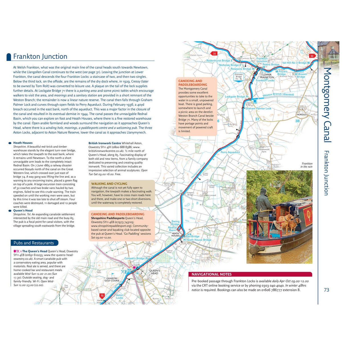 The Nicholson Waterways Guide 4: Four Counties and the Welsh Canals features Frankton Junction on the Montgomery Canal with navigational notes, walking and cycling trails, canoeing routes, fishing spots, pubs, restaurants, and a photo of a leisurely canal boat ride.