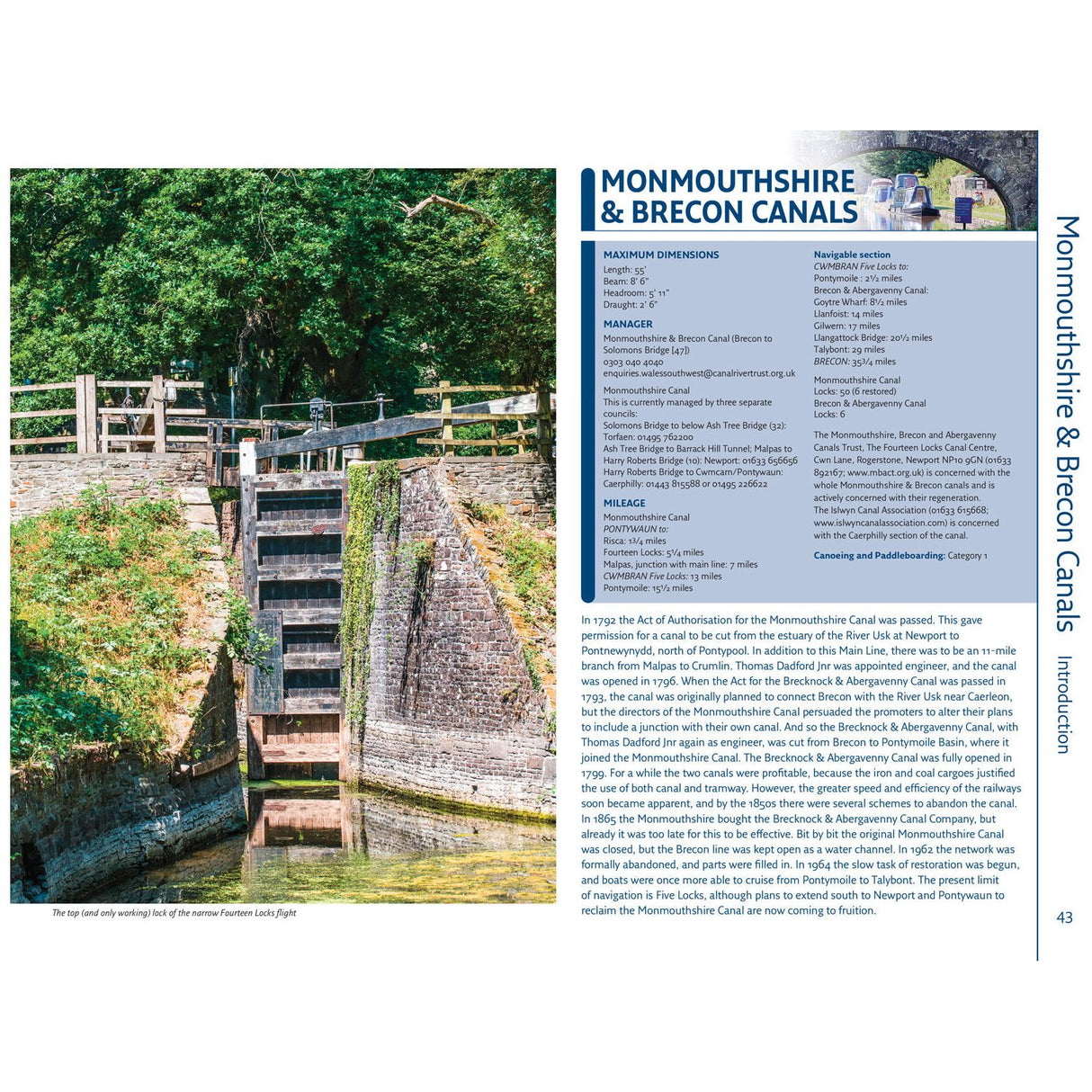Explore canal locks amidst lush greenery and stone walls within the Monmouthshire & Brecon Canals using the Nicholson Waterways Guide 4: Four Counties and the Welsh Canals. Perfect for canoeing and paddleboarding enthusiasts, find dimensions, manager contacts, navigation sections, and towpath details effortlessly.