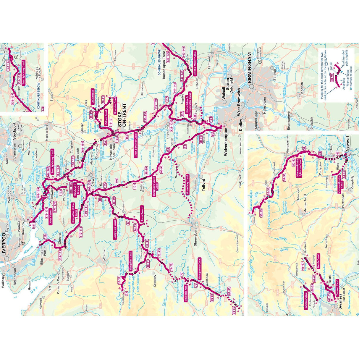 Discover rail routes in Northern Wales, centered on Dinas, with pink lines for Ffestiniog and Welsh Highland Railways. Explore nearby canals and rivers ideal for canoeing or paddleboarding from the Nicholson Waterways Guide 4: Four Counties and the Welsh Canals.